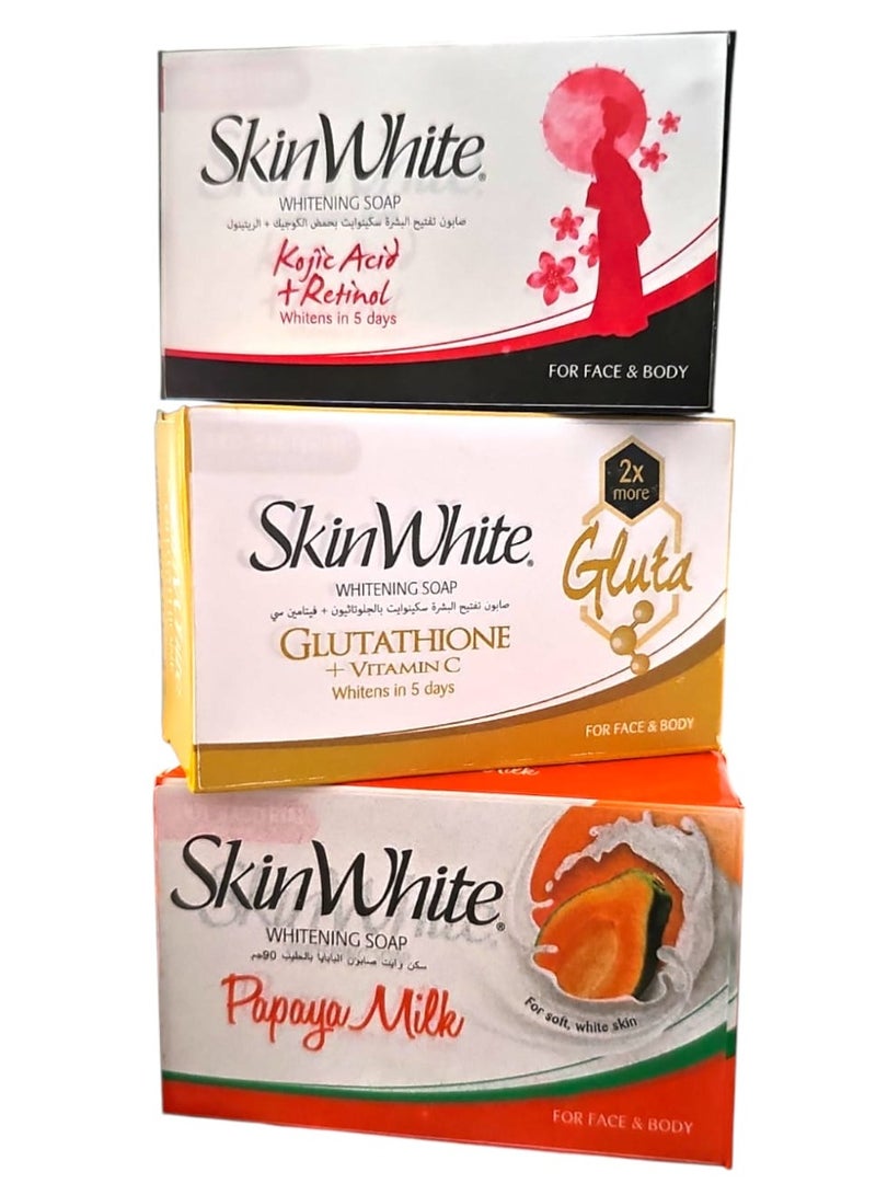 سكين وايت صابون تفتيح البشرة بحمض الكوجيك والريتينول وبالجلوتاثيون وفيتامين سي والبابايا بالحليب 3 × 90 جرام