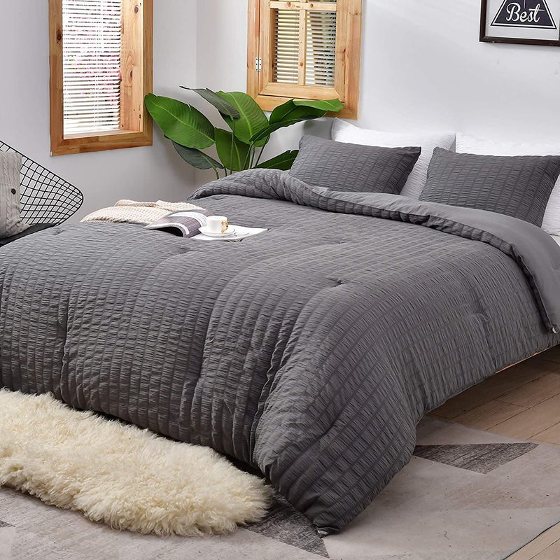 AveLom Dark Gray Seersucker California King Comforter Set 104x96 inches 3 Pieces100 Soft Washed Microfiber Lightweight Comforter with 2 Pillowcases All Season Down Alternative Bedding Set