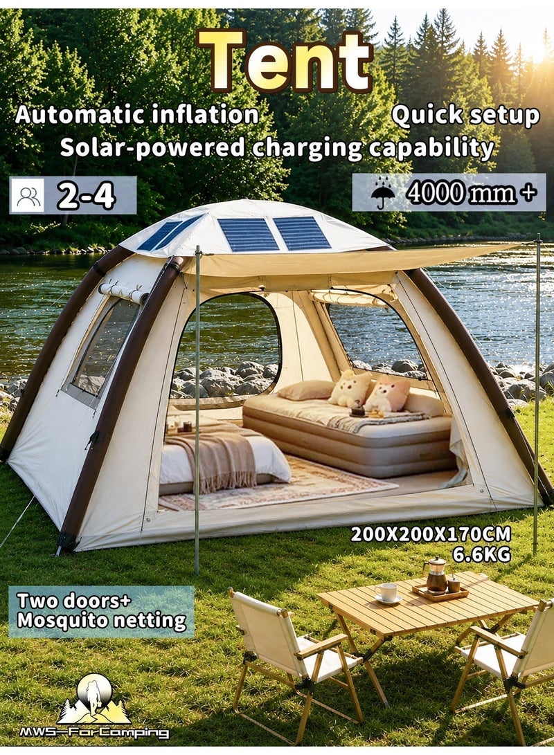 MWS-ForCamping MWS‑ForCamping Solar‑Powered Auto‑Inflating Camping Tent for 4 Person, Waterproof & UV‑Resistant Family Tent with 52W Solar Panel & Built‑in Air Pump, Portable for Outdoor Beach Picnic - Image 1