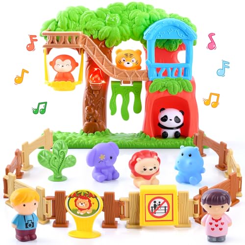 PLAY Safari Animals Figures Toys Playset 20Pcs Realistic Jungle Forest Zoo Animals Figurines Tree House Playset with Lights Sounds for Toddlers Learning Toys Gifts for Girls Boy Ages 18M - Image 1