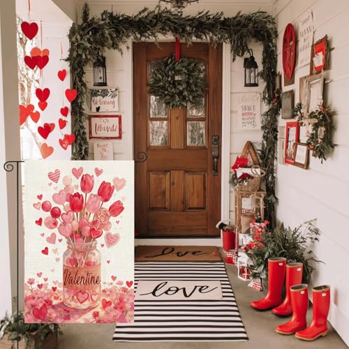 SXDMHYB Valentines Day Mason Jar Garden Flag 12×18 Inch Double Sided Love Heart Lollipop Tulip Garden Flags Spring Yard Anniversary Flags for Valentines Wedding House Outside Decor - Image 3