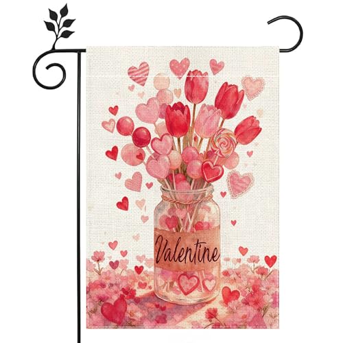 SXDMHYB Valentines Day Mason Jar Garden Flag 12×18 Inch Double Sided Love Heart Lollipop Tulip Garden Flags Spring Yard Anniversary Flags for Valentines Wedding House Outside Decor - Image 1