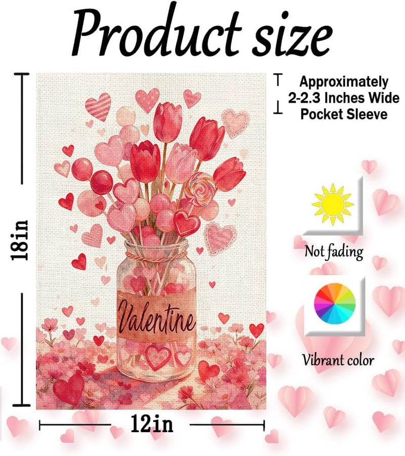 SXDMHYB Valentines Day Mason Jar Garden Flag 12×18 Inch Double Sided Love Heart Lollipop Tulip Garden Flags Spring Yard Anniversary Flags for Valentines Wedding House Outside Decor - Image 2