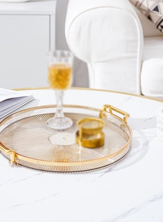 Luxury Serving Tray Round Serving Tray Cosmetic Perfume Makeup Display Multifunction Decorative Tray Tea Fruit Tray Jewelry Tray with Handles for Living Room Storage Foods Drinks Makeups Jewelry(Gold) - view 4