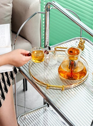 Luxury Serving Tray Round Serving Tray Cosmetic Perfume Makeup Display Multifunction Decorative Tray Tea Fruit Tray Jewelry Tray with Handles for Living Room Storage Foods Drinks Makeups Jewelry(Gold) - view 5