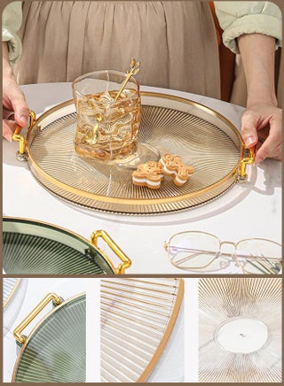 Luxury Serving Tray Round Serving Tray Cosmetic Perfume Makeup Display Multifunction Decorative Tray Tea Fruit Tray Jewelry Tray with Handles for Living Room Storage Foods Drinks Makeups Jewelry(Gold) - view 3
