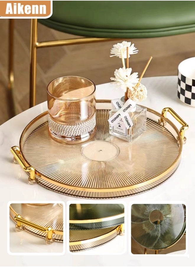 Aikenn Luxury Serving Tray Round Serving Tray Cosmetic Perfume Makeup Display Multifunction Decorative Tray Tea Fruit Tray Jewelry Tray with Handles for Living Room Storage Foods Drinks Makeups Jewelry(Gold)  - Image 1