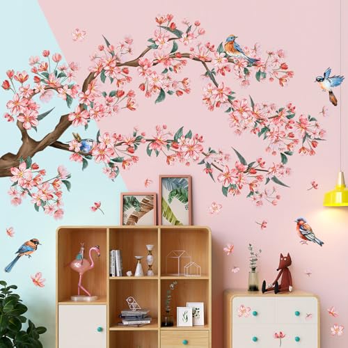 DRWSSR 2Sheets Removable Pink Flower Tree Branch Wall Decals DIY Cherry Blossom Tree Branch Wall Decals Vinyl Birds Wall Sticker Petals Falling Home Decor for Girls Bedroom Living Room Bathroom Decor - Image 4