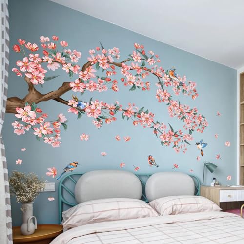 DRWSSR 2Sheets Removable Pink Flower Tree Branch Wall Decals DIY Cherry Blossom Tree Branch Wall Decals Vinyl Birds Wall Sticker Petals Falling Home Decor for Girls Bedroom Living Room Bathroom Decor - Image 1