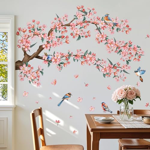 DRWSSR 2Sheets Removable Pink Flower Tree Branch Wall Decals DIY Cherry Blossom Tree Branch Wall Decals Vinyl Birds Wall Sticker Petals Falling Home Decor for Girls Bedroom Living Room Bathroom Decor - Image 2
