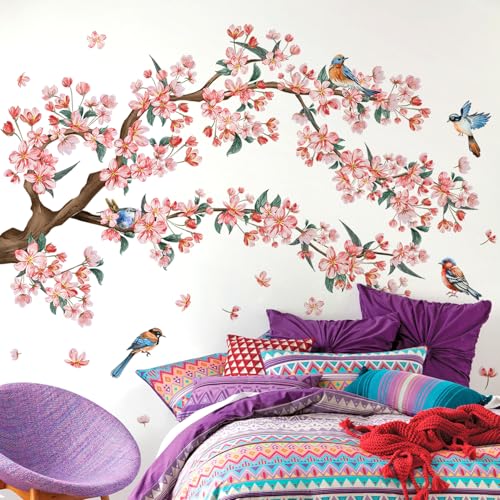 DRWSSR 2Sheets Removable Pink Flower Tree Branch Wall Decals DIY Cherry Blossom Tree Branch Wall Decals Vinyl Birds Wall Sticker Petals Falling Home Decor for Girls Bedroom Living Room Bathroom Decor - Image 5