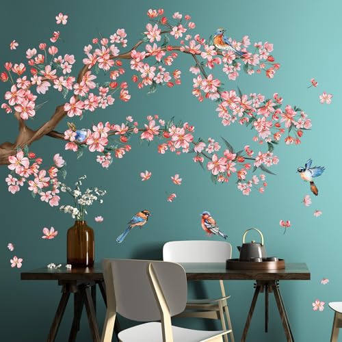 DRWSSR 2Sheets Removable Pink Flower Tree Branch Wall Decals DIY Cherry Blossom Tree Branch Wall Decals Vinyl Birds Wall Sticker Petals Falling Home Decor for Girls Bedroom Living Room Bathroom Decor - Image 3