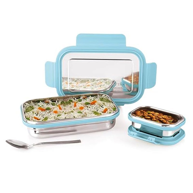 BLLUEX Stainless Steel Tiffin Lunch Box Container with 4 Side Clip Lock Lid for Office & School Use/Food Grade/Air Tight/Easy to Carry/Leak Proof(750ml 1pc + 250ml 1 Pc) Blue  - Image 3