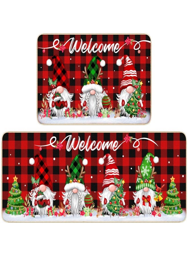 TREWAVE Christmas Kitchen Rugs Gnomes Door Mat Set of 2 Red Buffalo Plaid Decorative Non-Slip Welcome Floor Mat Low-Profile Holiday Home Bathroom Decoration (17x29 17x47 Inch) - Image 1