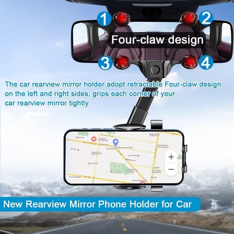 OneNine Rearview Mirror Phone Holder, 360° Rotatable Retractable Car Phone Mount GPS Holder Automobile Cradles, Universal Adjustable Car Rear View Mirror Cellphone Mount for iPhone Android Smartphones - Image 3