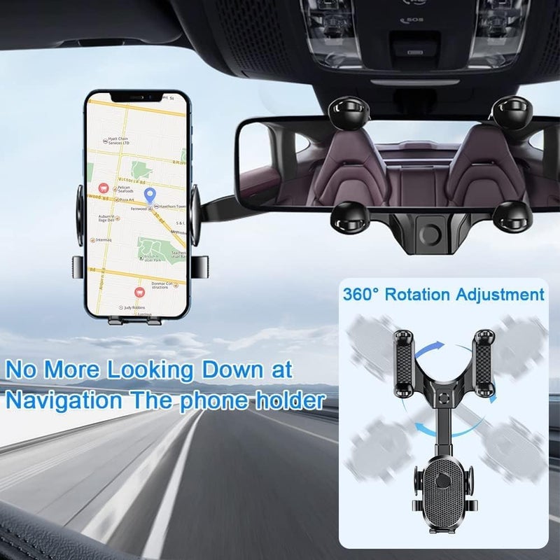 OneNine Rearview Mirror Phone Holder, 360° Rotatable Retractable Car Phone Mount GPS Holder Automobile Cradles, Universal Adjustable Car Rear View Mirror Cellphone Mount for iPhone Android Smartphones - Image 2