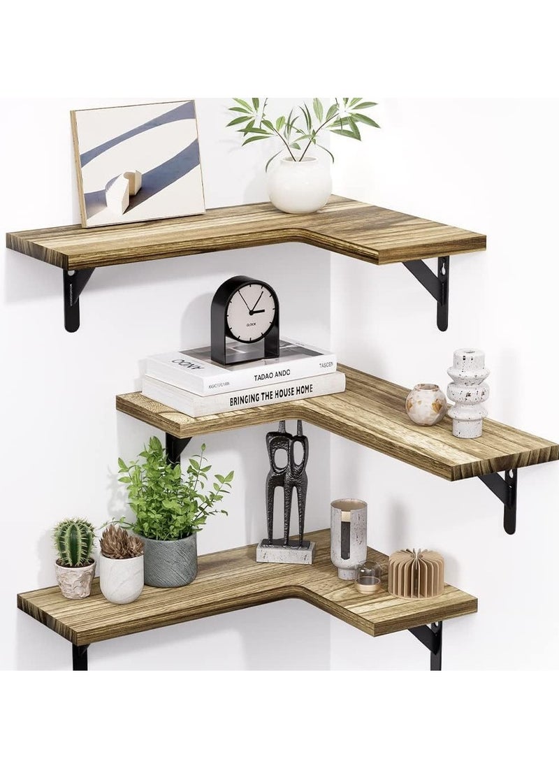 MarlaMall 3 Tier L-shaped open overhanging wall corner storage shelf, solid wood corner shelf, suitable for living room, bedroom, kitchen, bathroom, study room wall 90 degree corners, space-saving, easy to store and take out items.  - Image 1