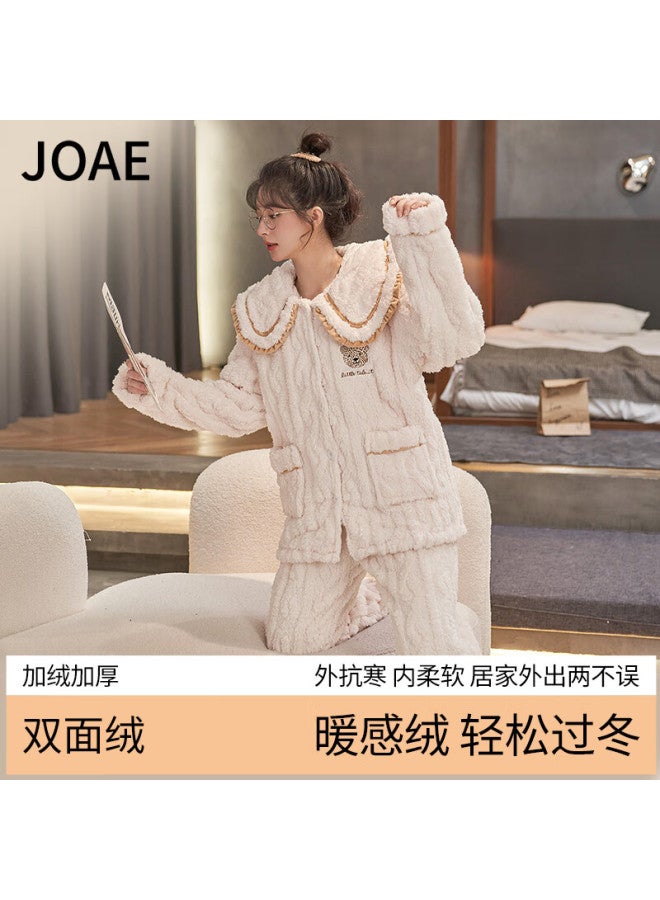 Joae Women's Winter Pajamas Fluffy Long Plush Thick Warm Long Sleeve Loose Cute Flannel Homewear Set
