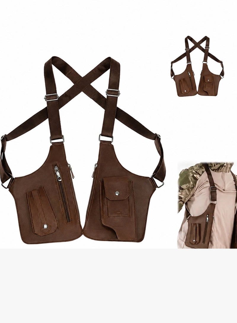 Men’s Tactical Chest Bag Harness Crossbody Utility Vest Bag, Adjustable PU Leather Shoulder Holster Pouch, Multi Pocket Travel Riding Chest Rig for Outdoor Sports, Hiking, Cycling, Streetwear Fashion, Phone Wallet Storage Bag Brown Color