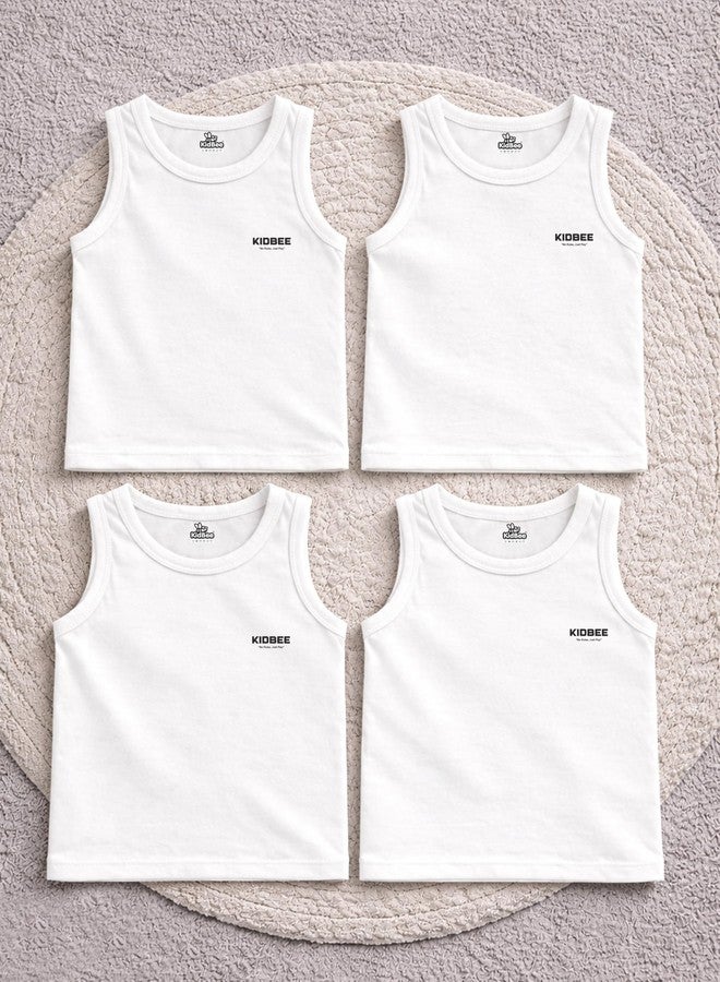 Kidbee Printed Cotton Vests for Boys & Girls (Pack of 4) (in, Age, 11 Years, 12 Years, Regular, VST-445-White-4pc) - Image 1