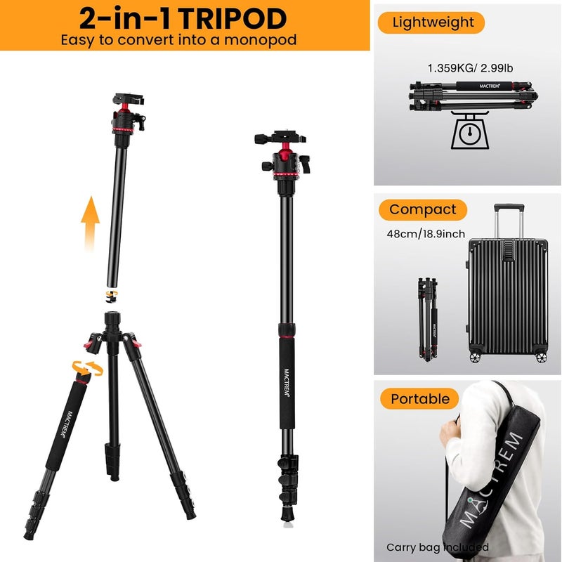 MACTREM Camera Tripod, 67 inch/172cm Aluminum Travel Tripod & Monopod with 360°Ball Head, Lightweight Camera Stand for Smartphone iPad Canon Nikon Sony Binoculars Laser Level Telescope - Image 5