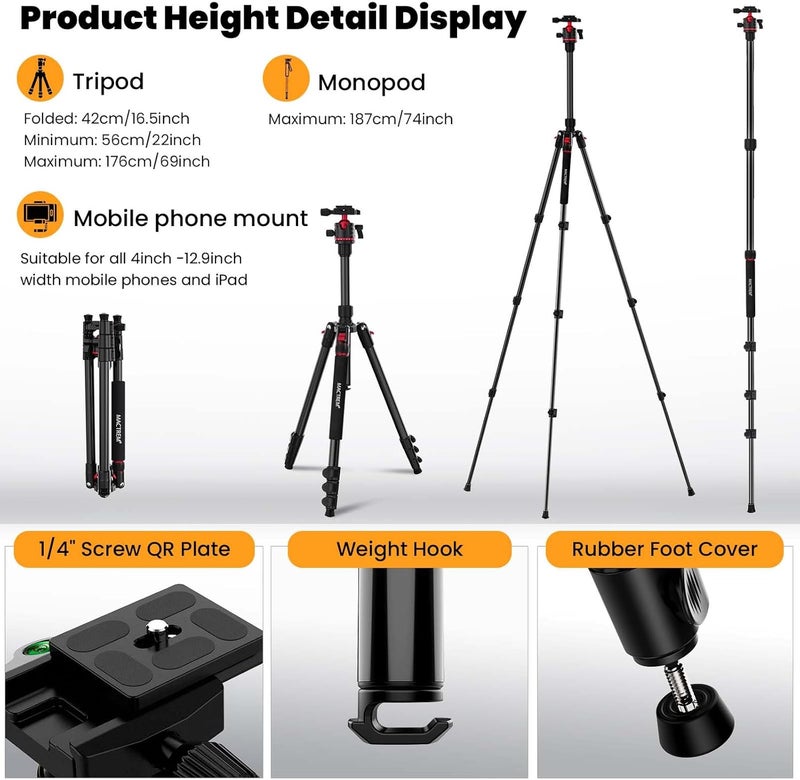 MACTREM Camera Tripod, 67 inch/172cm Aluminum Travel Tripod & Monopod with 360°Ball Head, Lightweight Camera Stand for Smartphone iPad Canon Nikon Sony Binoculars Laser Level Telescope - Image 2