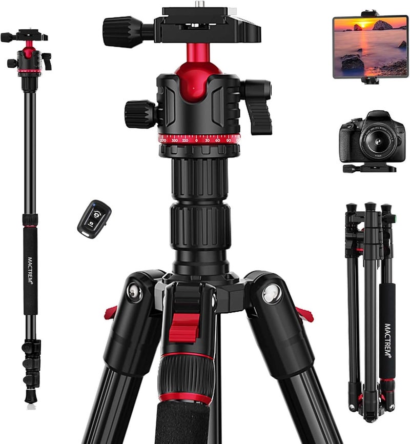MACTREM Camera Tripod, 67 inch/172cm Aluminum Travel Tripod & Monopod with 360°Ball Head, Lightweight Camera Stand for Smartphone iPad Canon Nikon Sony Binoculars Laser Level Telescope - Image 1