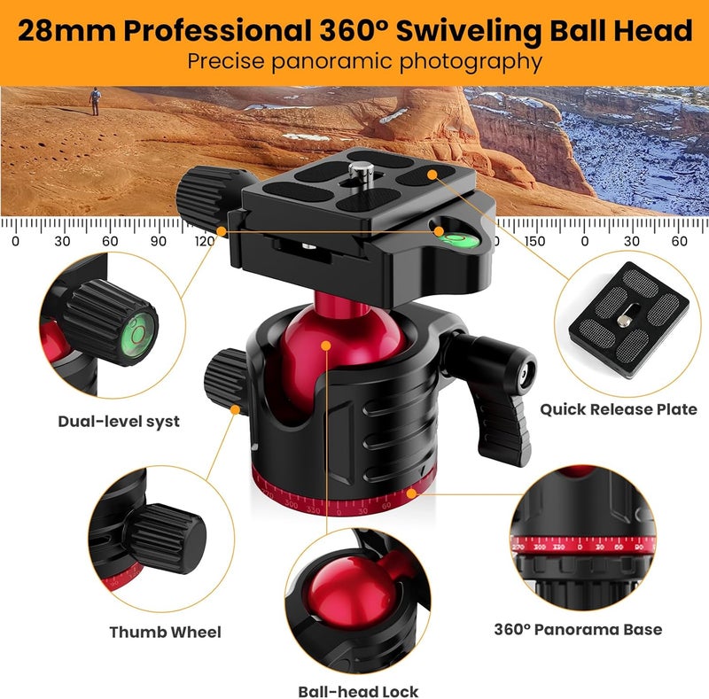 MACTREM Camera Tripod, 67 inch/172cm Aluminum Travel Tripod & Monopod with 360°Ball Head, Lightweight Camera Stand for Smartphone iPad Canon Nikon Sony Binoculars Laser Level Telescope - Image 3