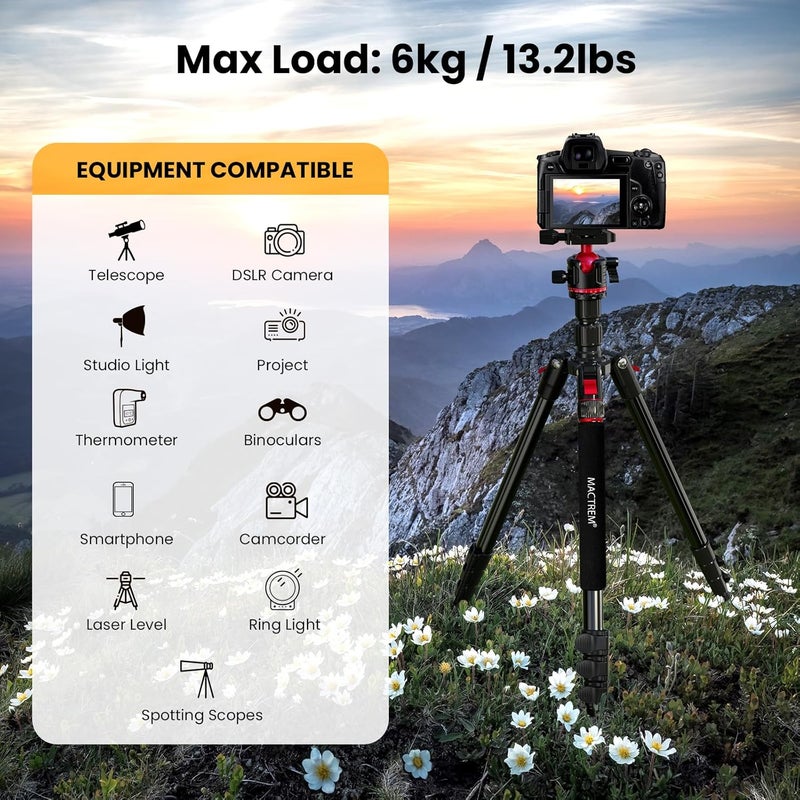 MACTREM Camera Tripod, 67 inch/172cm Aluminum Travel Tripod & Monopod with 360°Ball Head, Lightweight Camera Stand for Smartphone iPad Canon Nikon Sony Binoculars Laser Level Telescope - Image 4