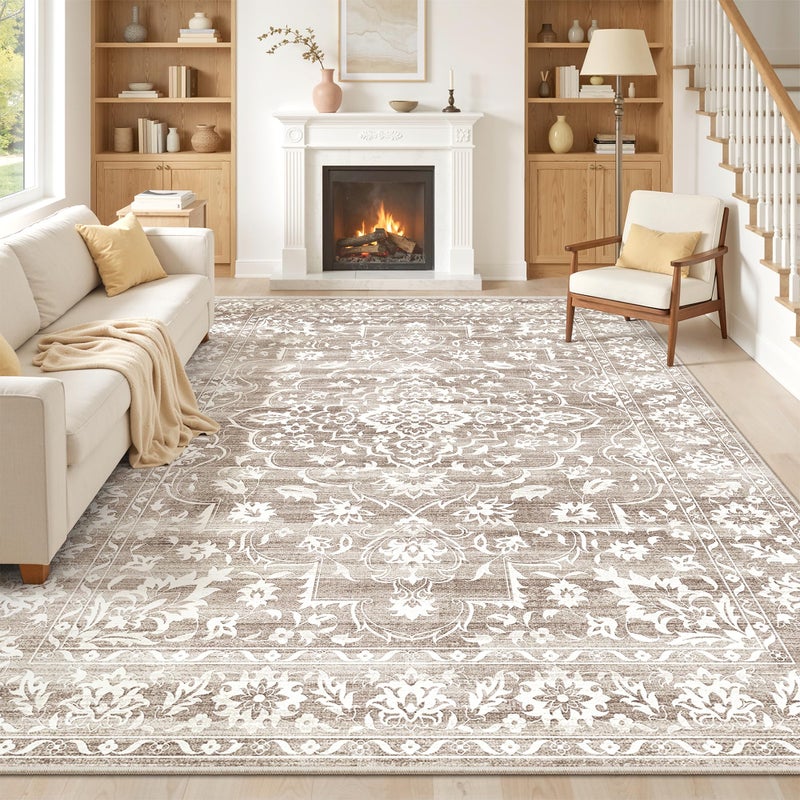 Soalmost 8x10 Washable Area Rugs for Living Room, Vintage Floral Stain Resistant Non-Slip Low Pile Natural Rug Soft Throw Large Carpet for Dining Room Bedroom Home Office (Light Brown, 8'x10') - Image 1