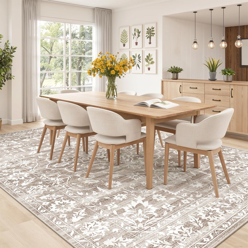 Soalmost 8x10 Washable Area Rugs for Living Room, Vintage Floral Stain Resistant Non-Slip Low Pile Natural Rug Soft Throw Large Carpet for Dining Room Bedroom Home Office (Light Brown, 8'x10') - Image 3