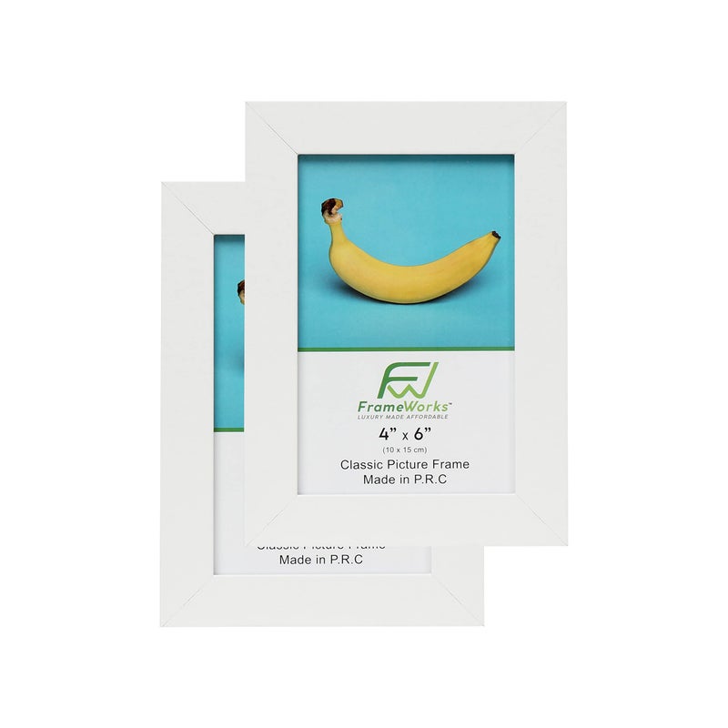 FrameWorks إطار الصورة الأطر 2 -Pack 4x6 أبيض - إطار صور كلاسيكي مع إطار صورة زجاجية مقسى مع إطار ملصق الحواف النظيفة مع إطار شهادة إنهاء أبيض غير لامع - Image 1