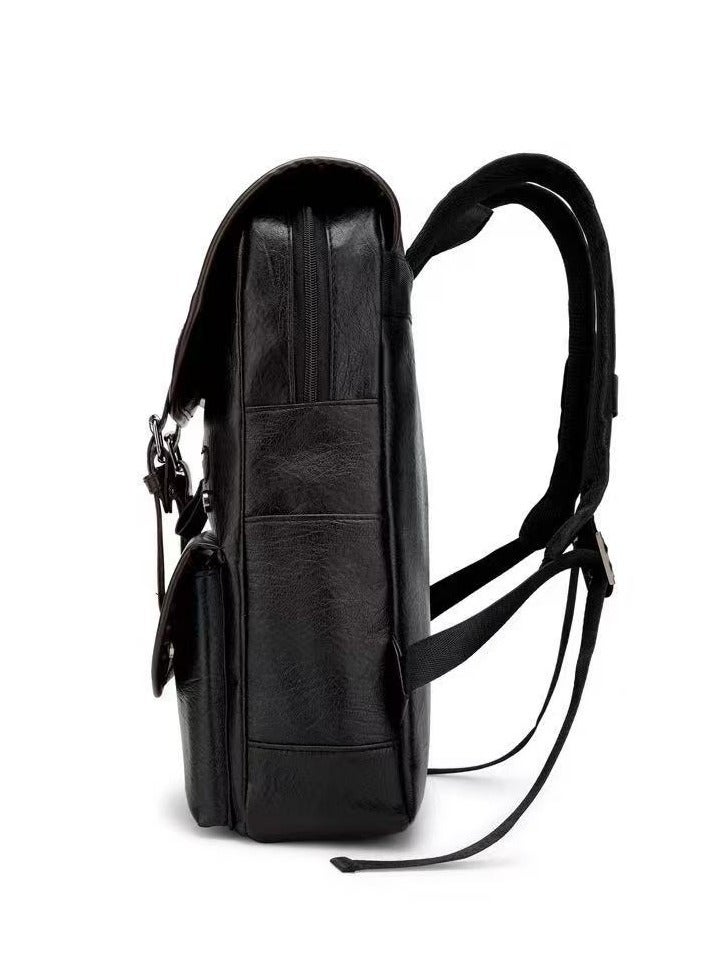 حقيبة ظهر كبيرة السعة مقاومة للماء من الجلد الأصلي، حقيبة كمبيوتر محمول للسفر والعمل تناسب 14 بوصة، أحزمة قابلة للتعديل، لون أسود - Image 4