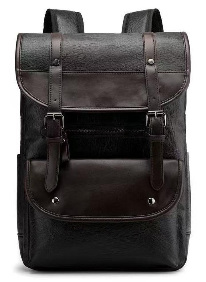 حقيبة ظهر كبيرة السعة مقاومة للماء من الجلد الأصلي، حقيبة كمبيوتر محمول للسفر والعمل تناسب 14 بوصة، أحزمة قابلة للتعديل، لون أسود - Image 1