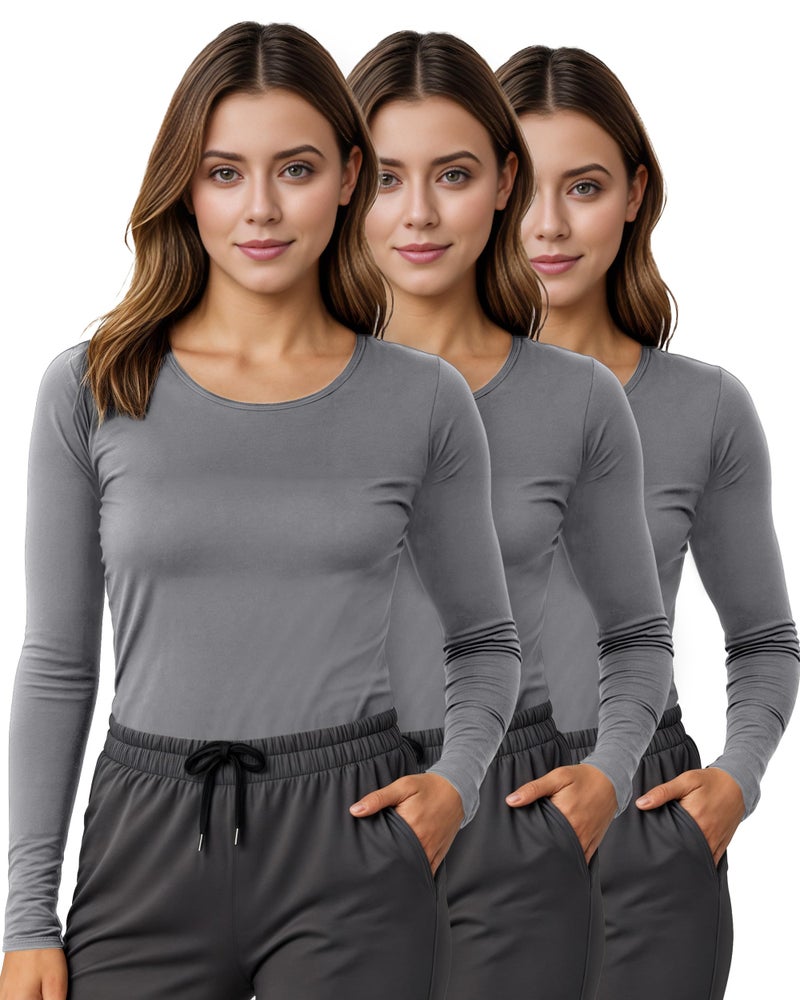 NY Threads 3 Pack Nurse Underscrub Long Sleeve Women Slim fit Under Scrub Shirt, Large, Dark Grey/Dark Grey/Dark Grey - Image 1