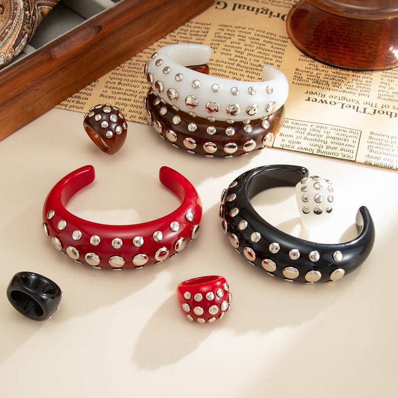 SHIXIN European and American Cross-Border Accessories: Retro Gradient Rivet Open Resin Bracelet, Fashionable Instagram-Style Diamond-Inlaid Wristband Set - Image 4