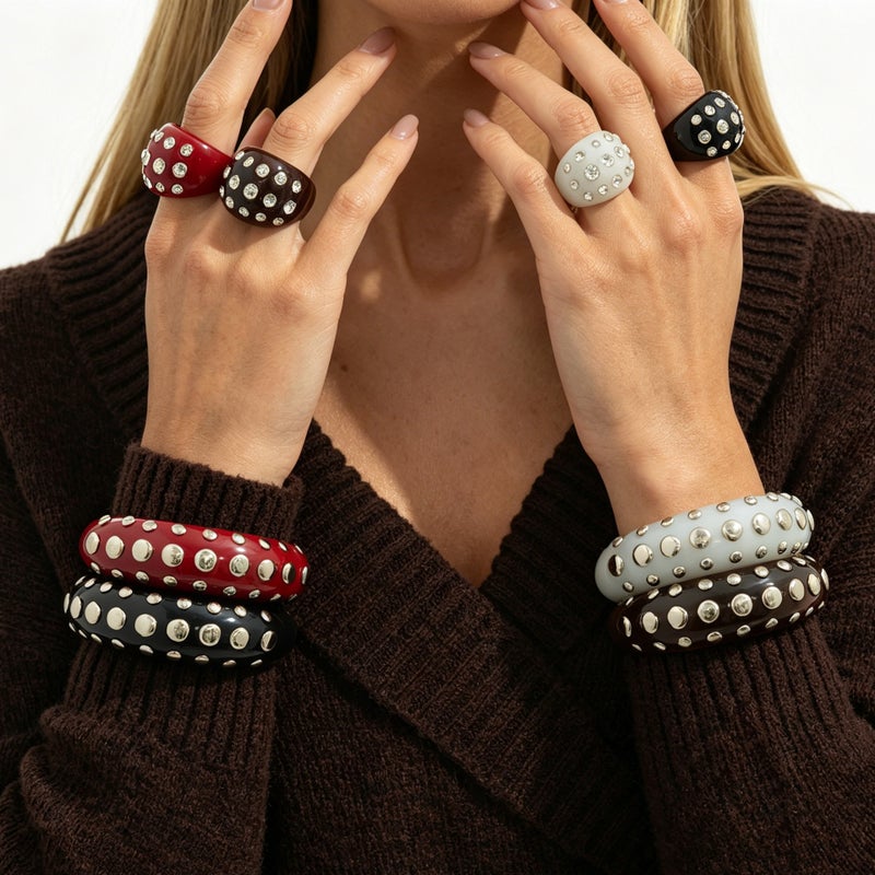 SHIXIN European and American Cross-Border Accessories: Retro Gradient Rivet Open Resin Bracelet, Fashionable Instagram-Style Diamond-Inlaid Wristband Set - Image 1