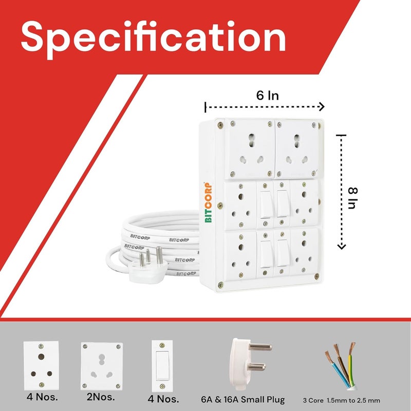 BITCORP Bitcorp Electric Extension Cord 6A to 16A Converter for Small and Heavy Duty Appliances 6A 16A 20A 6 Socket 4 Switch High Power Wattage 2000W Power Strip with 1 Meter Long Length Wire Plug White  - Image 3