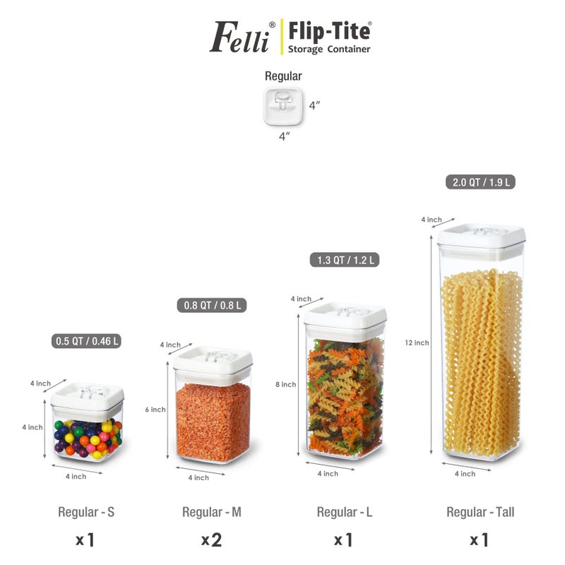 Felli Flip Tite Storage Container with Lid 4" Airtight Ring Seal Top, Stackable Acrylic Canister Jar Set for Kitchen Pantry Organizer, Food Spice Pasta Snack, Christmas Gifts for Her (5pk, Variety) - Image 5