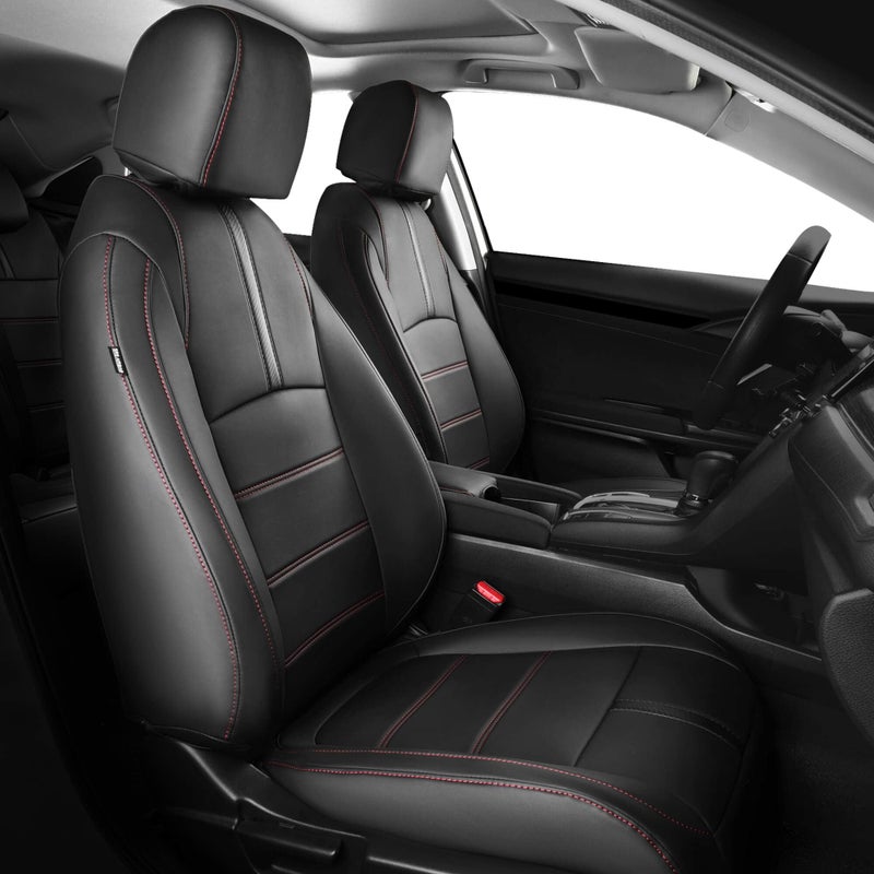 أغطية مقاعد جلدية FEINEPRO لسيارة هوندا سيفيك سيدان EXL EXT EX Touring Sport 2016-2021 مجموعة كاملة من أغطية المقاعد مقاومة للماء باللون الأسود مع خط أحمر 6040 مقعد خلفي مقسم مع مسند ذراع خلفي