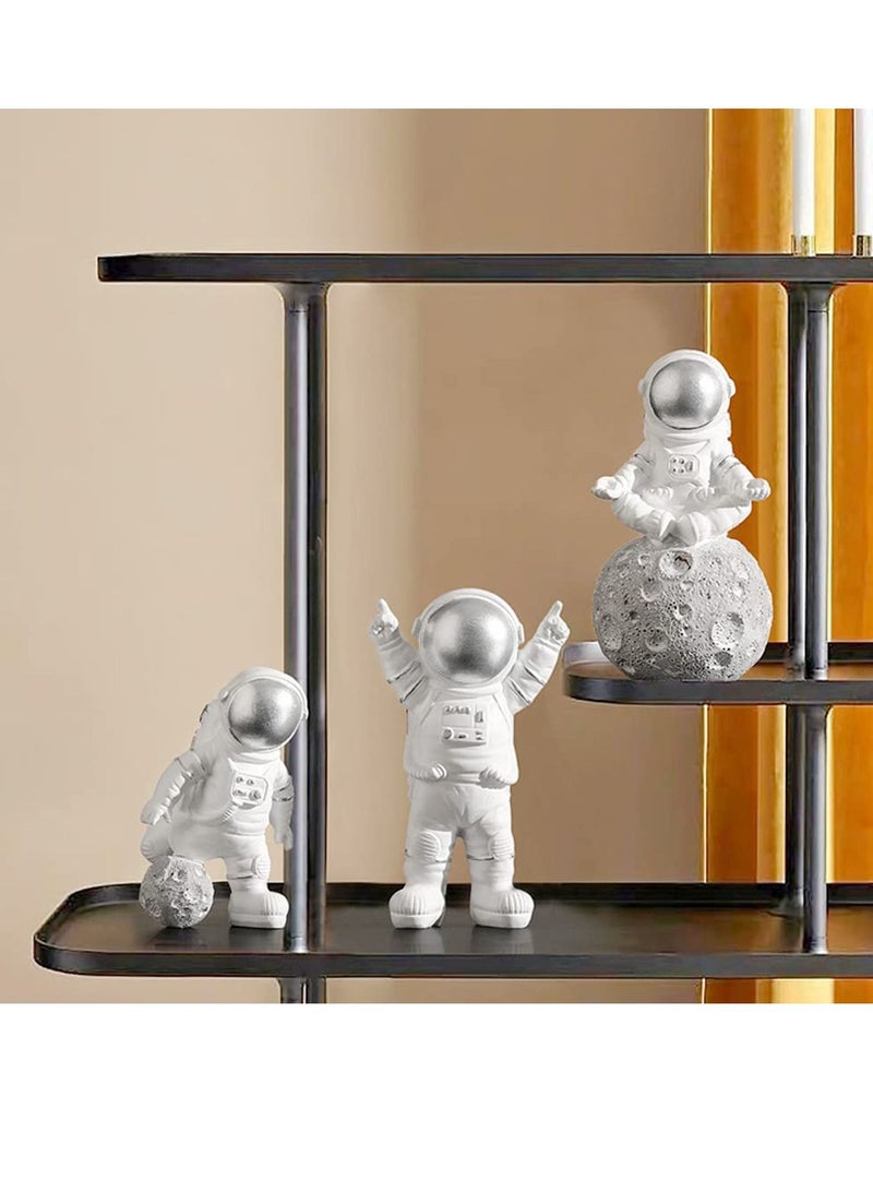 Suntown 3 Pcs Astronaut Figurines Cake Topper Outer Space Spaceman Action Figure Statue Tabletop Ornament Miniature Astronaut Figures for Outer Space Birthday Cake Decoration, Silver - Image 2