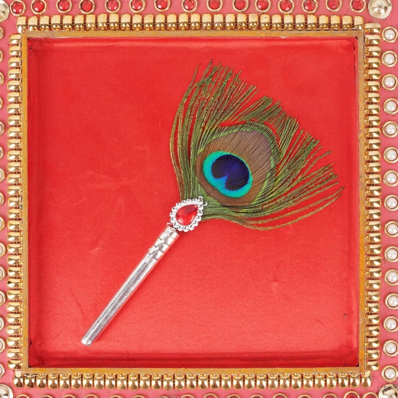 DHRUVS COLLECTION DHRUVS COLLECTION Silver Coated Peacock FeatherHand FanMore Pankh for Home Decoration Pooja Gift Purpose Donation Pack of 1 Big Size - Image 5