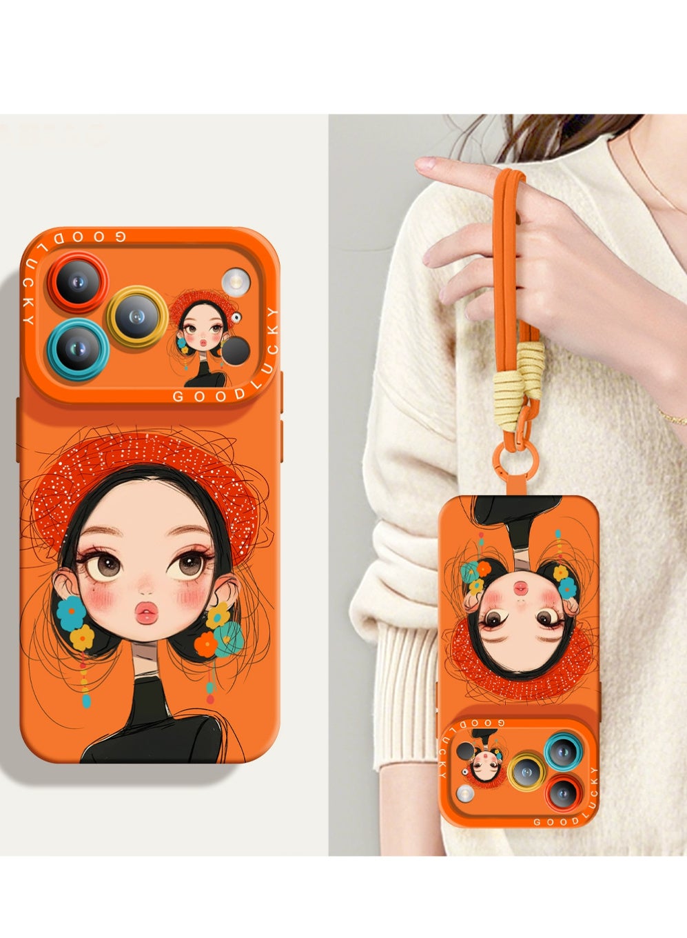 iPhone 17 Pro Max Cover Case, Stylish Painting with Lanyard Wrist Strap Women Girl IPhone Case Anti-Yellow & Anti-Scratch, Ultra Slim, for iPhone 17 Pro Max (Orange)