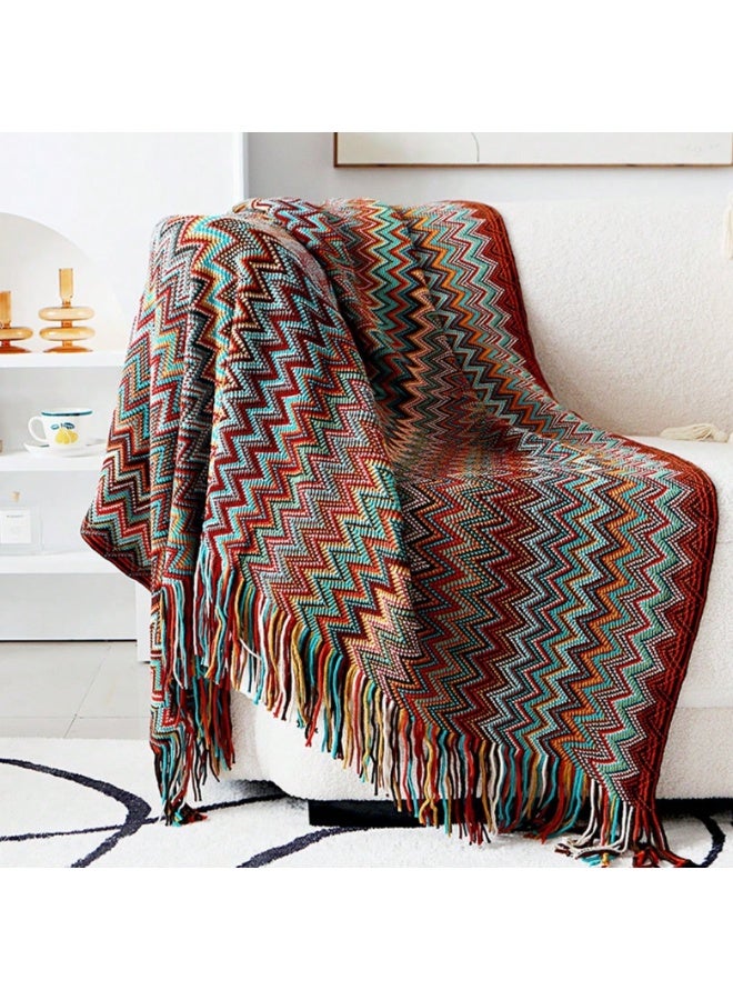 Boho Chevron Throw Blanket – Soft Woven Sofa & Bed Blanket with Tassels – Red – 160 × 120 cm - Image 1