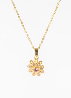 Stainless Steel Necklace Gold with a Pink Zirconic Flower
