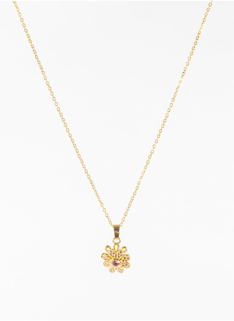 The Black Pearl Accessories - Stainless Steel Necklace Gold with a Pink Zirconic Flower - Image 1