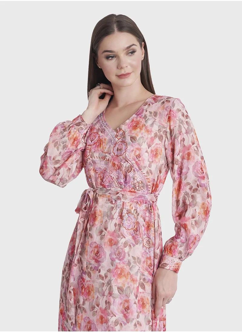 كشخة Chiffon Floral Print Stonework Dress