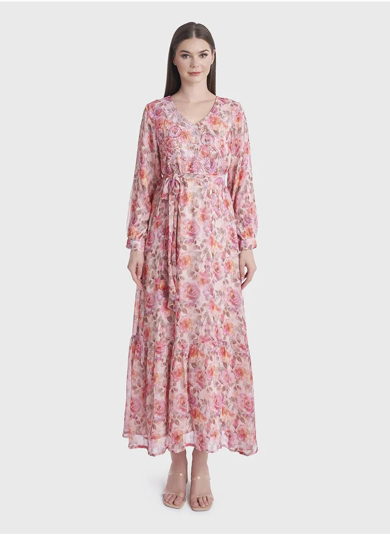 كشخة Chiffon Floral Print Stonework Dress