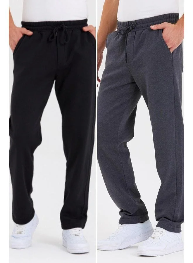 Black-Anthracite Cotton-Lined Men's 2-Piece Straight-Leg Sweatpants Set with Back Pocket Label Detail