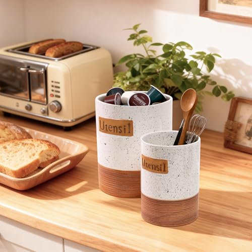 Alarrar Utensil Holder, 7.1"+5.4" Ceramic Kitchen Utensil Crock for Counter, Farmhouse Cooking Utensil Organizer for Spatula Spoon Silverware Vintage Kitchen Decor Accessories Set of 2, White - Image 5